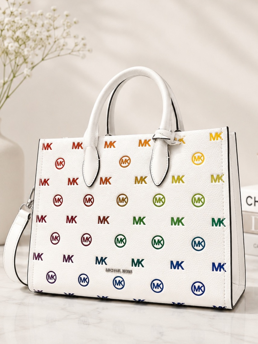 Michael Kors Mirella Medium Rainbow Logo Embossed Tote Bag